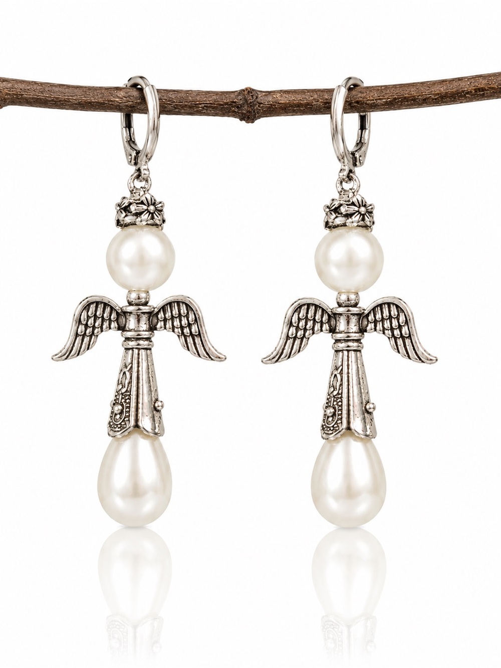 Angel Pearl Drop Earrings, Silver Celestial Dangles, Romantic Cottagecore